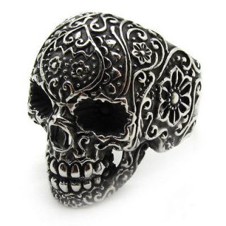   finger ring gothic poker skull silver flower stainless steel size 12