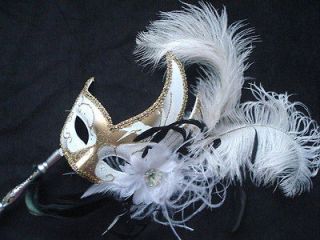 WHITE CARNIVAL on a Stick Venetian Mask Costume WHITE & GOLD Hand 