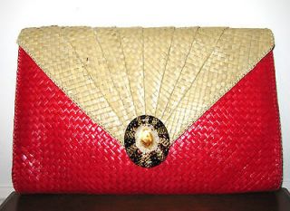 Seashell Two tone Woven Straw Clutch Handbag Vintage Philippines LN L 