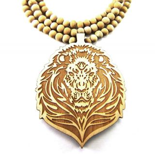 Wooden Sean Lion Zion Pendant Piece 36 Chain Bead Necklace Good 