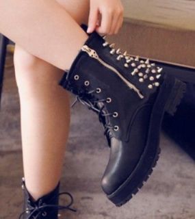 Ladies Black Spike Studs Punk Gothic Lace Up Engineer Motorcycle Ankle 