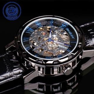 PACIFISTOR Classic Mens Black Leather Skeleton Mechanical Wrist Watch 