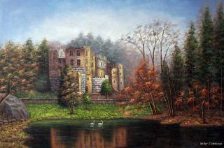 italian castle lake swans fall landscape oil painting time left