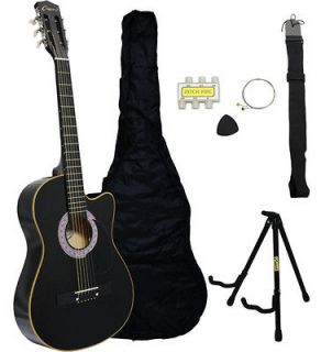   Crescent Beginners BLACK Cutaway Acoustic Guitar+STAND+Accessory Pack