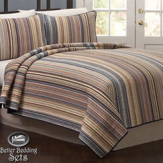 Boy Children Kid Teen Blue Taupe Striped Cotton Quilt Bedding Bed Set 