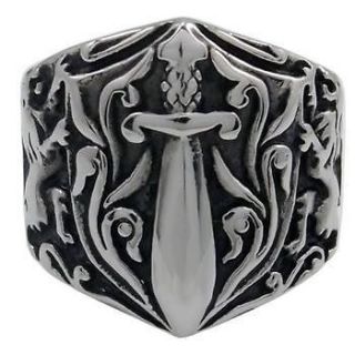 Mens Silver Lion Sword King Noble Knight 316L Stainless Steel Ring 