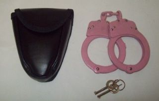 POLICE COP STYLE DOUBLE LOCK HANDCUFFS PINK STEEL WITH CARRYINGCASE