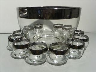 Vintage Dorothy Thorpe Punch Bowl & 12 Roly Poly Glasses, Silver Band 