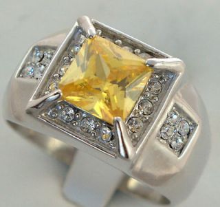 YELLOW TOPAZ simulated MENS ring 20 cz accent WHITE gold overlay size 