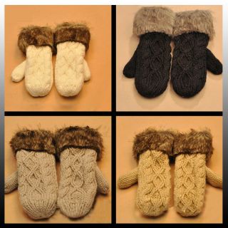 Ladies Womens Ragwool Rag Wool Winter Snow Mittens Knitted Warm Fur 