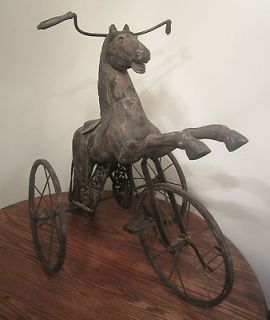   carved made wood cast iron child horse tricycle 1800s ride on toy