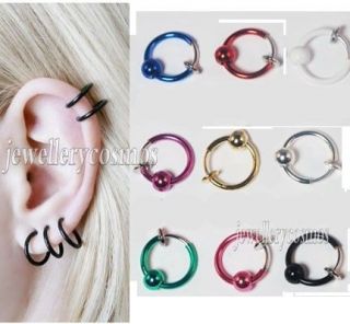Spring clip on fake hoop nose lip ear rings gold silver colour 