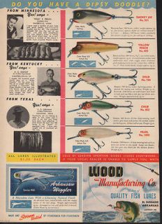 1948 WOOD FISH LURES ROD SPORT DIPSY BAIT BOAT MUSKY ARKANSAS WIGGLER 