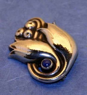 Rare Georg Jensen Sterling Double Tulip Brooch with Lapis 100C