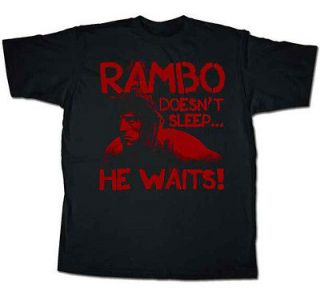 licensed rambo doesn t sleep he waits adult shirt s 2xl