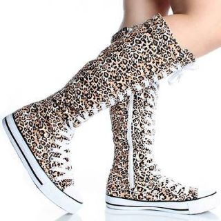 Lace Up Knee High Boots Leopard Flat Punk Skate Womens Canvas Sneakers 