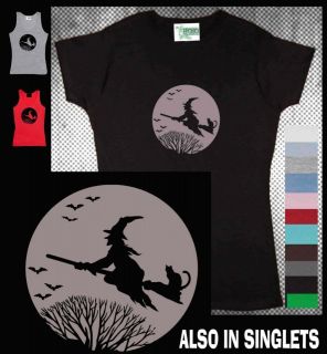 Witch moon broom cat tree Hobo T shirts Singlets Womens pagan black 