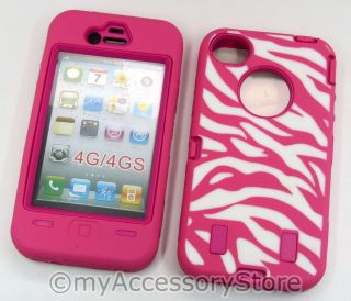 iPhone 4 4S 4G Pink Zebra Heavy Duty Rugged Armor Defender Skin Phone 