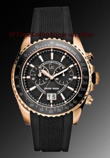 NEW GUESS COLLECTION GC CHRONO ROSE GOLD MEN WATCH BLACK RUBBER STRAP 