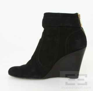   Black Suede & Gold Buckle Deanna Wedge Heel Ankle Boots Size 8.5