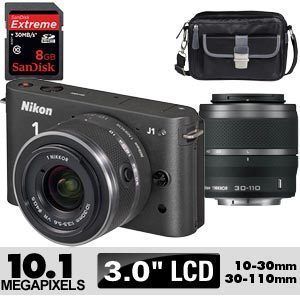 Black Nikon 1 J1 Compact Camera System with 10 30mm and 30 110mm VR 
