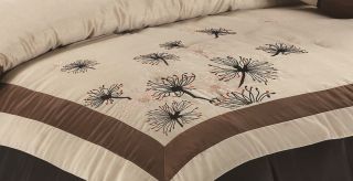 7pcs Taupe Black Brown Embroidery Dandelion Comforter Set Bed in a Bag 