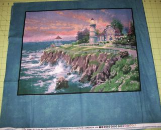 Gorgeous Thomas Kinkade Lighthouse by The Sea Fabric Panel