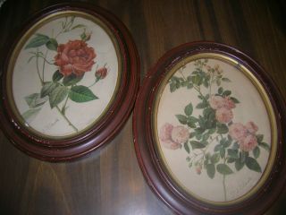 2Signed P J Redoute Rose Wall Hanging Prints Oval Frames Shabby 