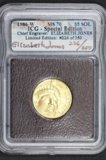 1986 w Liberty $5 Dollar Gold ICG MS70 Special Edition Coin Signed 226 