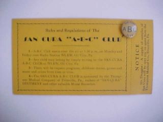1930s ABC Radio Club Pin San Cura Ointment Promo Card