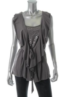 DKNY New Gray Sequined Ruffled Front Sleeveless Belted Pullover Top L 