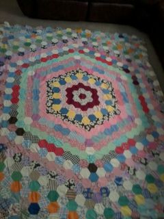 Beautiful Antique Hand Made Patchwork Quilt Top Multicolored Octagons 