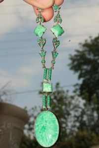   Art Deco Signed Czechoslovakia Open Back Green Glass Sautoir Necklace