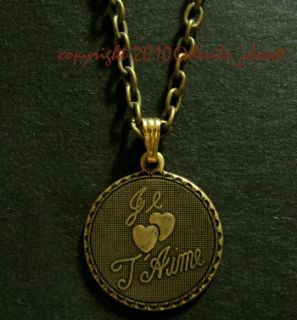 Vintage French Je Taime Love Medallion Charm Necklace
