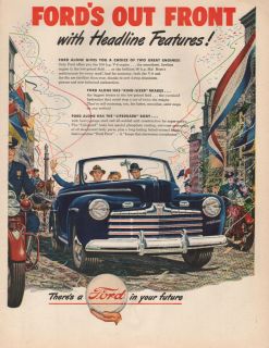 1946 Vintage Blue Ford Car with Headline Features Print Ad