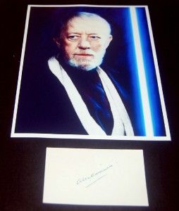 Sir Alec Guinness Signed Card and Great OBI Won Print Star Wars D 2000 