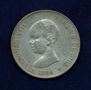 Spain Alfonso XIII 1890 90 PGM 5 Pesetas Silver Coin