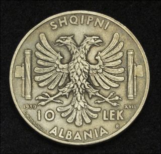 1939, Albania (Italian Occupation). Large Silver 10 Lek Coin. aXF