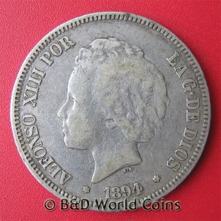 Spain 1894 94 PG V 5 Pesetas Silver Alfonso XIII Child Head 37 4mm 