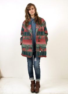 Vtg 80s SouthWestern TOGGLE Tribal Blanket Wool Jacket Coat M/L