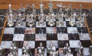 12 Square Handmade Marble Board Roman Egyptian Metal Figures Chess 