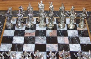 12 Square Handmade Marble Board Roman Egyptian Metal Figures Chess 