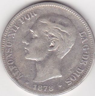 1878 DEM KING ALFONSO XII SPAIN 5 PESETAS SPANISH SILVER COIN