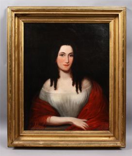 Antique American Massive Folk Art Gorgeous Young Woman Portrait Oil 