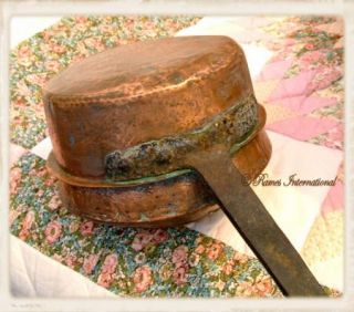 Antique French Hammered Copper Bed Warmer, Long Cast Iron Handle, Lg 