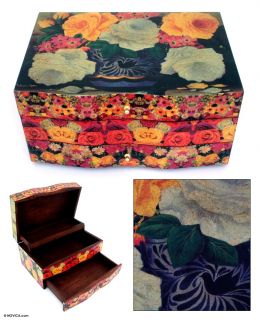 Bright Floral Artisan Decoupage Wood Jewelry Box Chest