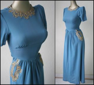 Vtg 30s 40s Blue Rayon Jeweled Exquisite WWll Wedding Party Gown Dress 