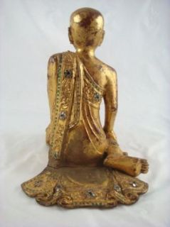 Antique Asian Chinese Gold Finish Carved Wooden Jeweled Antique Buddha 