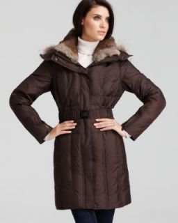 Andrew Marc New Fate Brown Down Racoon Fur Trim Hooded Belted Puffer 