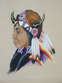    American Indian Warrior original gouache painting signed WALT HARRIS
